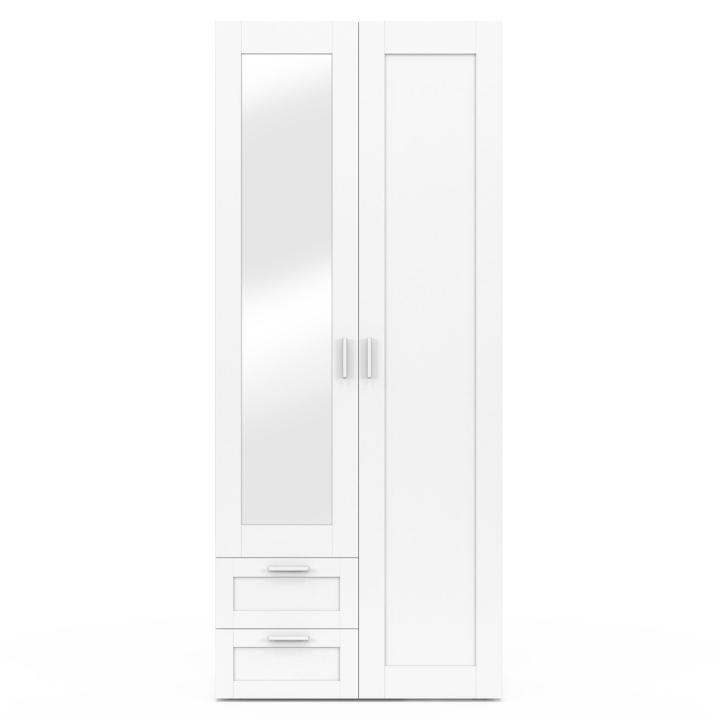 Armoire 2 portes VITO blanc penderie 80 cm avec 2 tiroirs, miroir et étagères