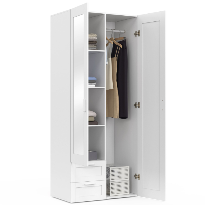 Armoire 2 portes VITO blanc penderie 80 cm avec 2 tiroirs, miroir et étagères