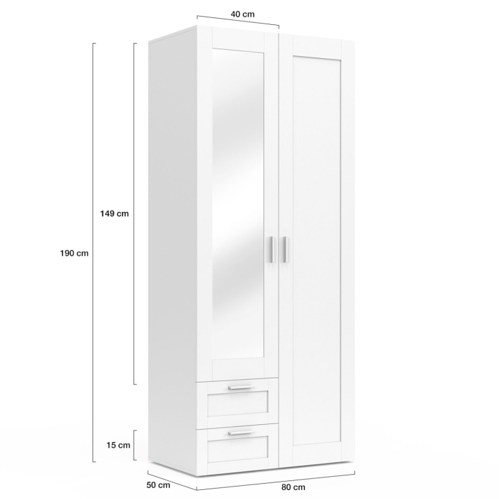 Armoire 2 portes VITO blanc penderie 80 cm avec 2 tiroirs, miroir et étagères