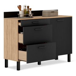 Buffet bas casserolier de cuisine 120 CM CINA plan de travail H.83 cm 1 porte + 3 tiroirs façon hêtre et noir