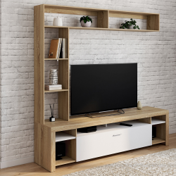 Mueble TV con estantes de madera y armario blanco 170cm - MALO | ID Market