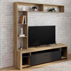 Mueble TV con estantes de madera y armario negro 170cm - MALO | ID Market