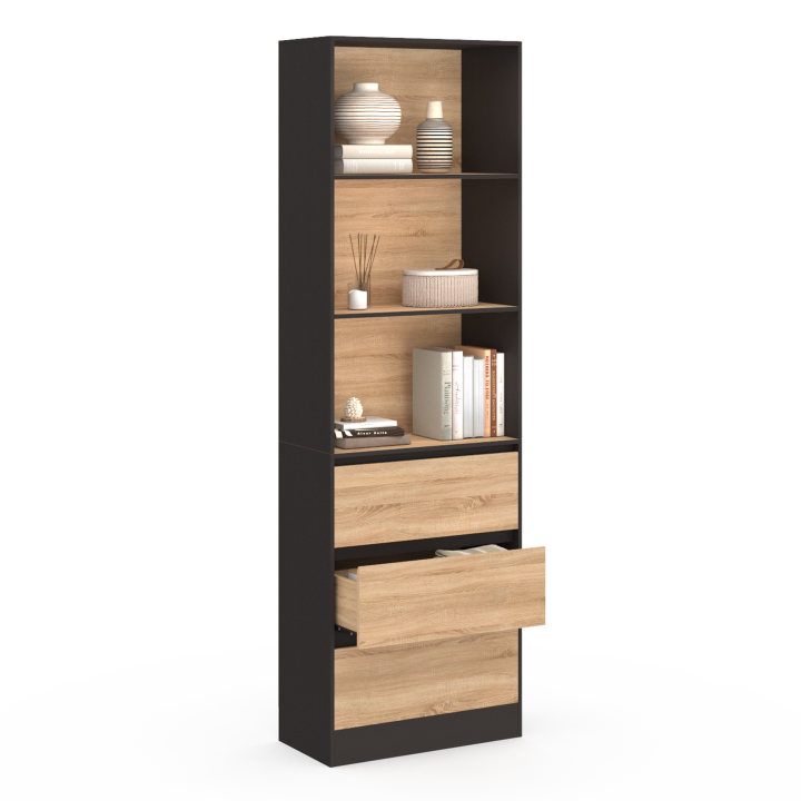 H.190cm Estanteria libreria 3 niveles 3 cajones efecto madera y negro - CARLA | ID Market