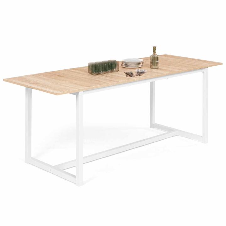 Table à manger extensible rectangle DETROIT 6-10 personnes design industriel bois et métal blanc 160-200 cm