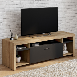 Meuble TV 140 cm MALO bois et placard noir