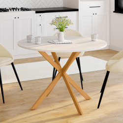 Table à manger ronde GISELE 4-6 personnes pied araignée bois plateau blanc 110 cm