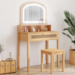 Coiffeuse EDHEN avec miroir LED, 1 tiroir, 3 niches et tabouret cannage et bois