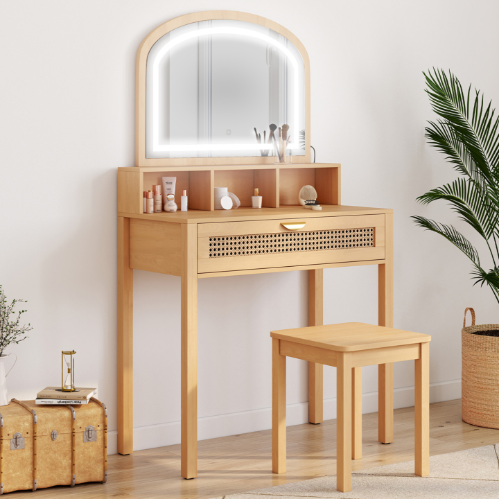 Coiffeuse EDHEN avec miroir LED, 1 tiroir, 3 niches et tabouret cannage et bois