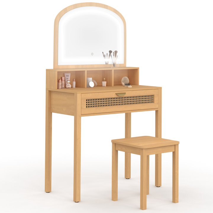 Coiffeuse EDHEN avec miroir LED, 1 tiroir, 3 niches et tabouret cannage et bois