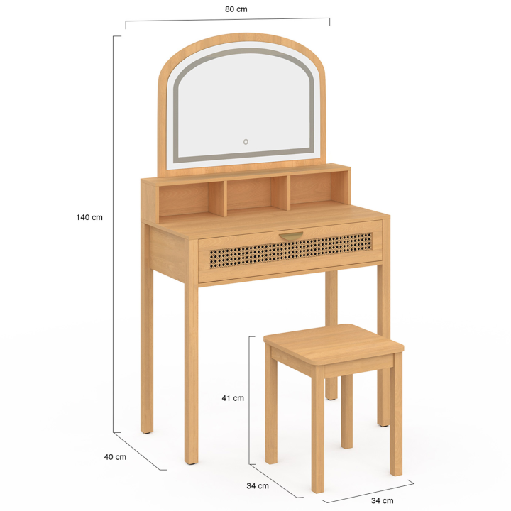 Coiffeuse EDHEN avec miroir LED, 1 tiroir, 3 niches et tabouret cannage et bois