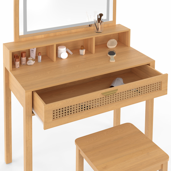 Coiffeuse EDHEN avec miroir LED, 1 tiroir, 3 niches et tabouret cannage et bois