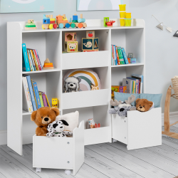 Mueble de almacenaje infantil MANA con 5 estantes, 3 cubos y 2 cubos con ruedas, blanco