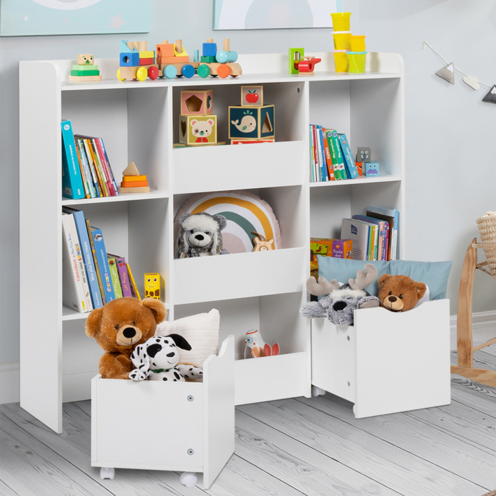 Mueble de almacenaje infantil MANA con 5 estantes, 3 cubos y 2 cubos con ruedas, blanco