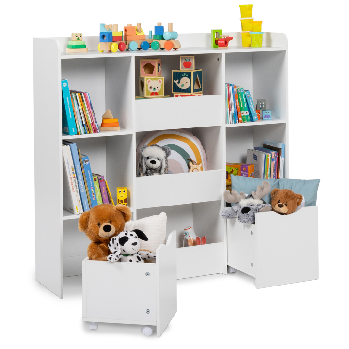 Mueble de almacenaje infantil MANA con 5 estantes, 3 cubos y 2 cubos con ruedas, blanco