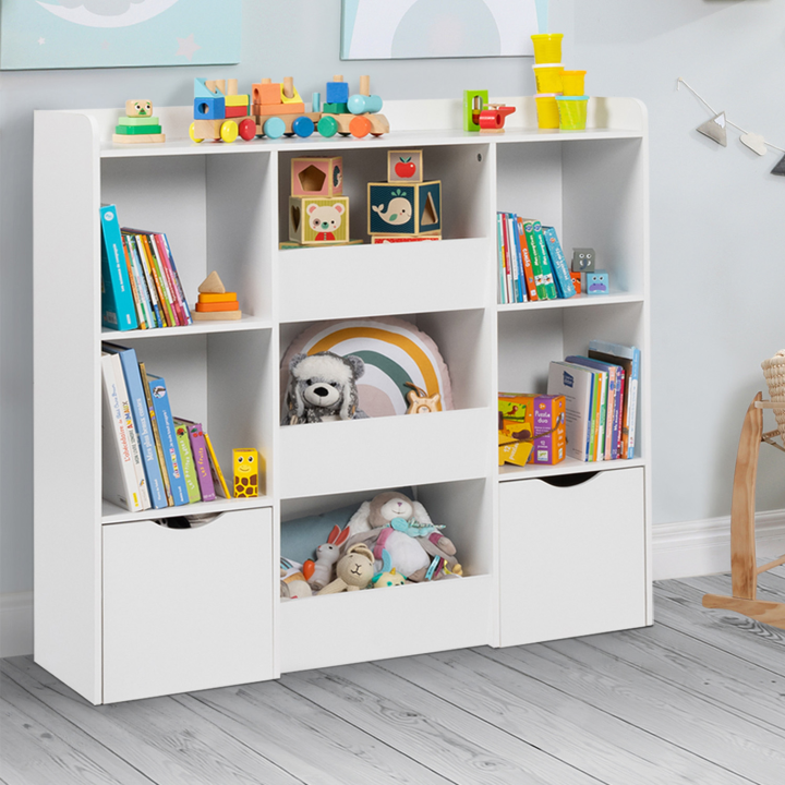 Mueble de almacenaje infantil MANA con 5 estantes, 3 cubos y 2 cubos con ruedas, blanco