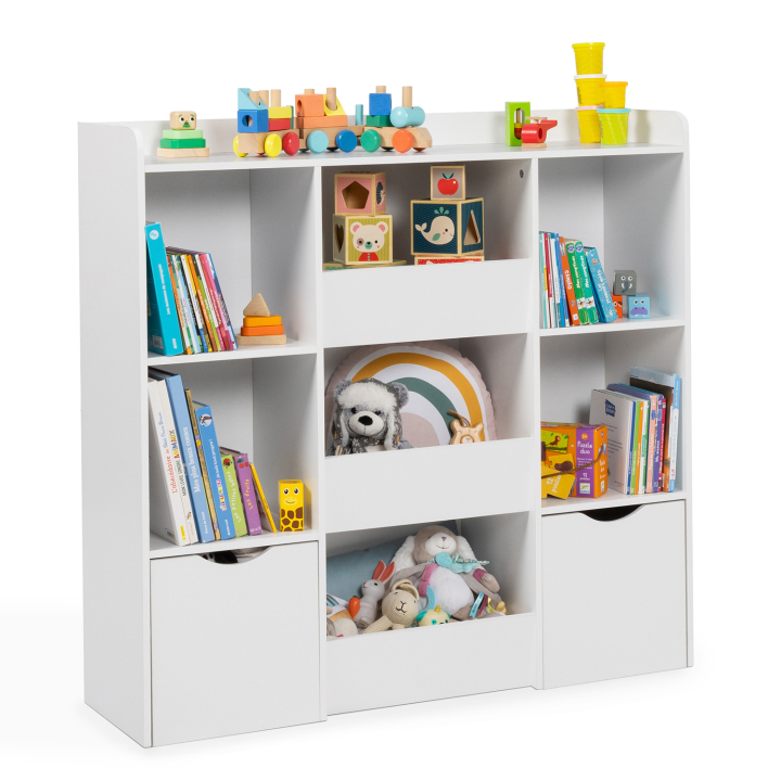 Mueble de almacenaje infantil MANA con 5 estantes, 3 cubos y 2 cubos con ruedas, blanco