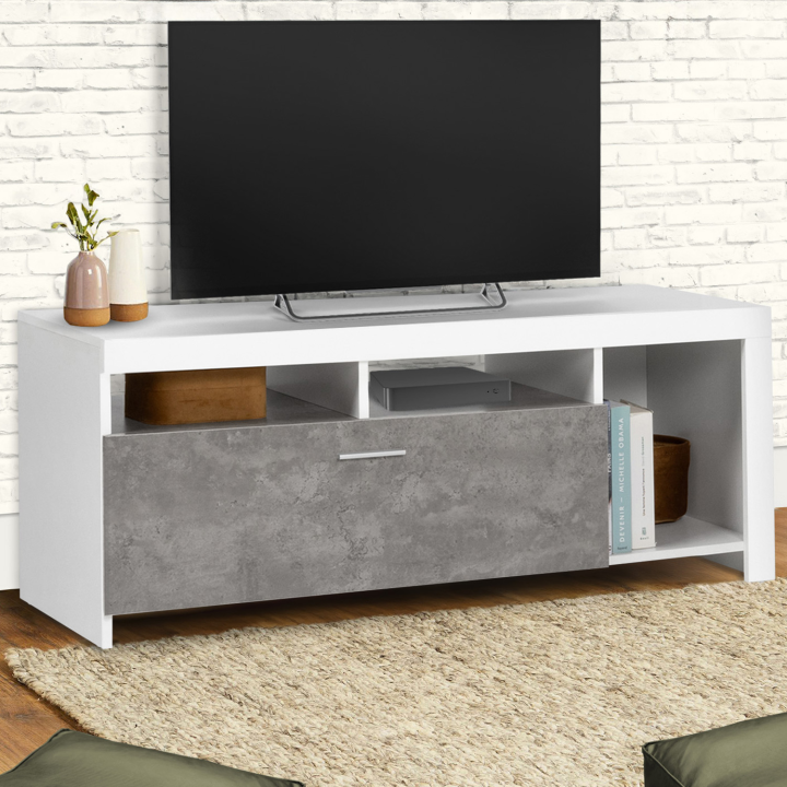 Meuble TV 110 cm MALO blanc et placard effet béton