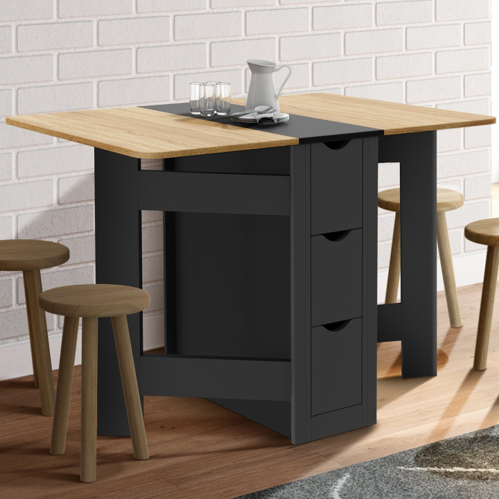 Table console pliable EDI  2-4 personnes avec 3 tiroirs noir plateau façon hêtre 103 x 76 cm