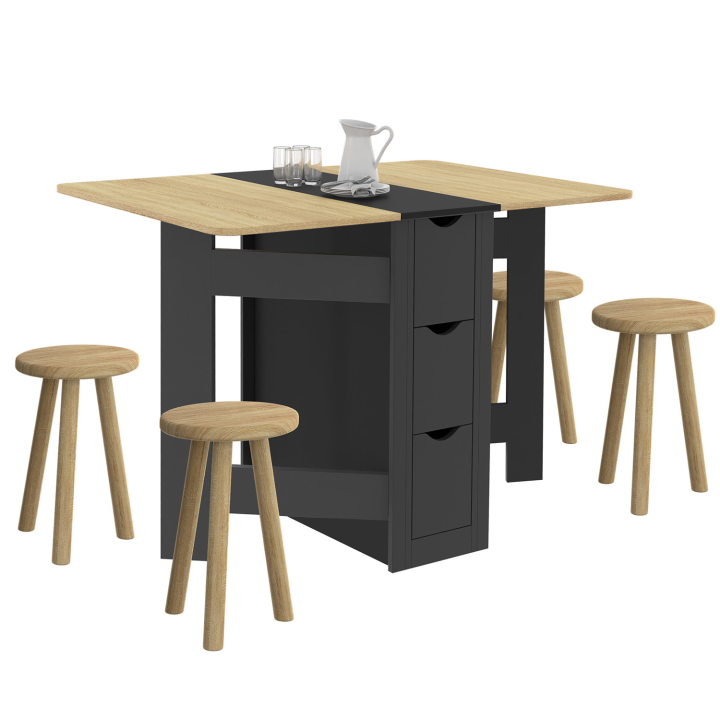 Table console pliable EDI  2-4 personnes avec 3 tiroirs noir plateau façon hêtre 103 x 76 cm