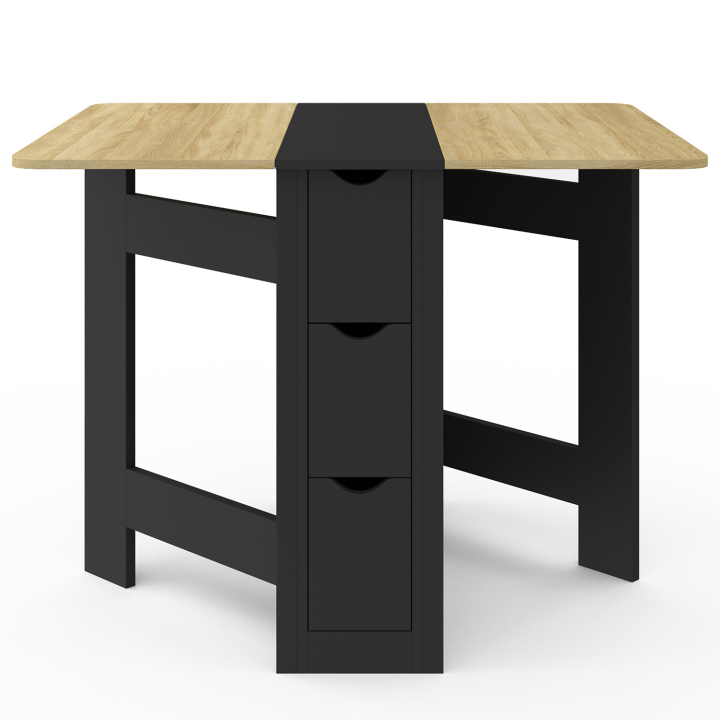 Table console pliable EDI  2-4 personnes avec 3 tiroirs noir plateau façon hêtre 103 x 76 cm