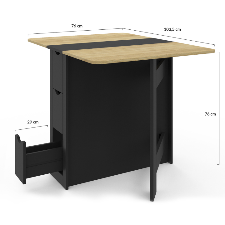 Table console pliable EDI  2-4 personnes avec 3 tiroirs noir plateau façon hêtre 103 x 76 cm