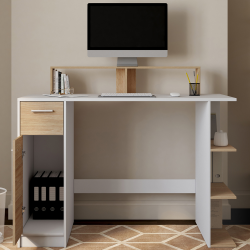 Bureau avec rangement MAY support ordinateur blanc et bois