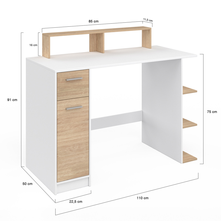 Bureau avec rangement MAY support ordinateur blanc et bois