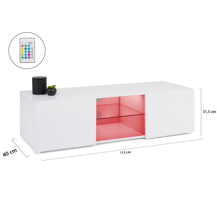 Meuble TV 113 cm ELI blanc étagère en verre avec LED