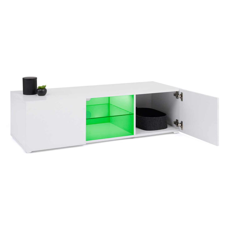 Meuble TV 113 cm ELI blanc étagère en verre avec LED