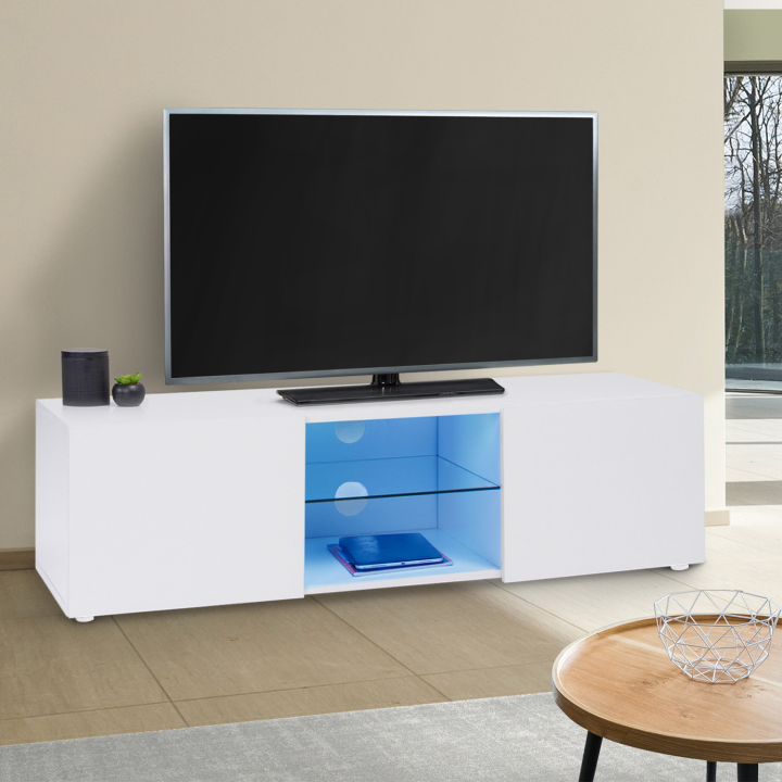 Meuble TV 113 cm ELI blanc étagère en verre avec LED