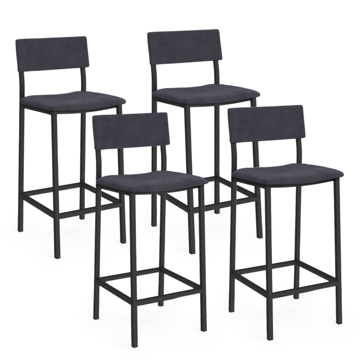 Lot de 4 tabourets de bar AUBIN avec dossier chaise de cuisine velours gris anthracite