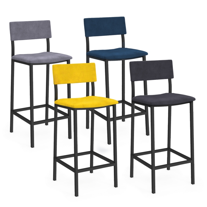 Lot de 4 tabourets de bar AUBIN avec dossier chaise de cuisine velours mix color bleu, gris clair, gris foncé, jaune