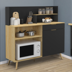 Buffet bas de cuisine 120 CM OLAF plan de travail H.83 cm 1 porte + 1 tiroir hêtre et noir