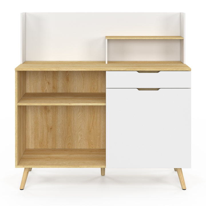 Buffet bas de cuisine 120 CM OLAF plan de travail H.83 cm 1 porte + 1 tiroir hêtre et blanc