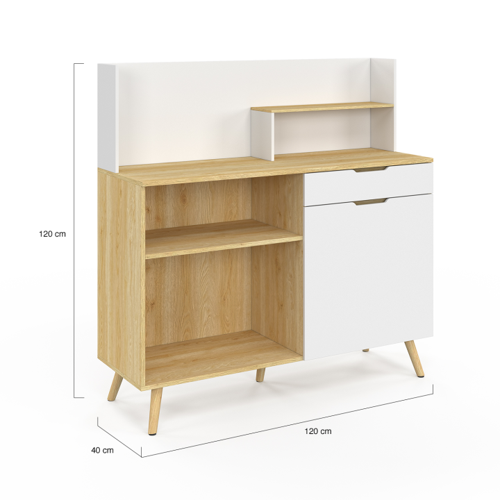 Buffet bas de cuisine 120 CM OLAF plan de travail H.83 cm 1 porte + 1 tiroir hêtre et blanc