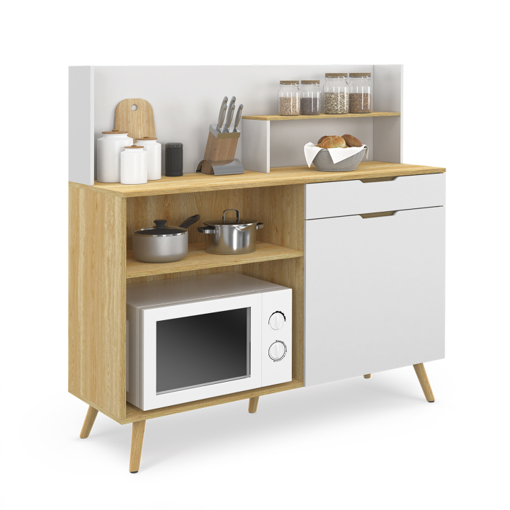 Buffet bas de cuisine 120 CM OLAF plan de travail H.83 cm 1 porte + 1 tiroir hêtre et blanc