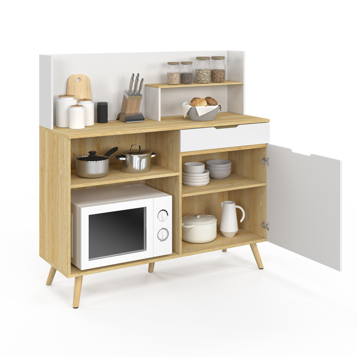 Buffet bas de cuisine 120 CM OLAF plan de travail H.83 cm 1 porte + 1 tiroir hêtre et blanc