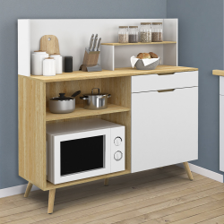 Buffet bas de cuisine 120 CM OLAF plan de travail H.83 cm 1 porte + 1 tiroir hêtre et blanc