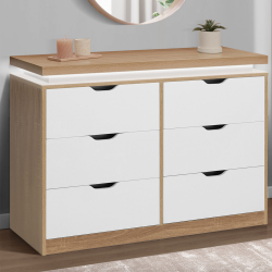 Commode 6 tiroirs LUNA à LEDS 115 cm blanc et plateau effet bois