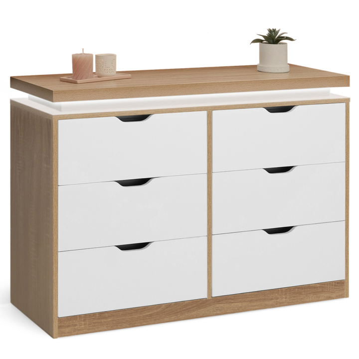 Commode 6 tiroirs LUNA à LEDS 115 cm blanc et plateau effet bois