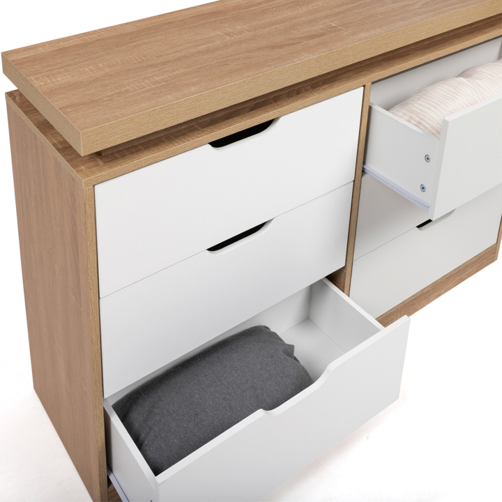 Commode 6 tiroirs LUNA à LEDS 115 cm blanc et plateau effet bois