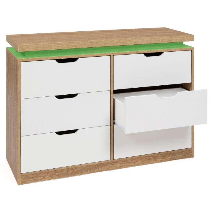 Commode 6 tiroirs LUNA à LEDS 115 cm blanc et plateau effet bois