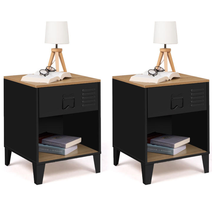 Lot de 2 tables de chevet ESTER 1 tiroir métal noir avec niche et plateau façon hêtre design industriel