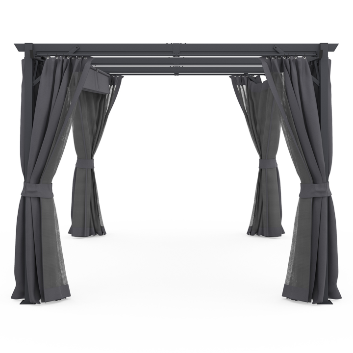 Insectenhor pergola met oprolbaar dak 3x4M en 4 grijze gordijnen