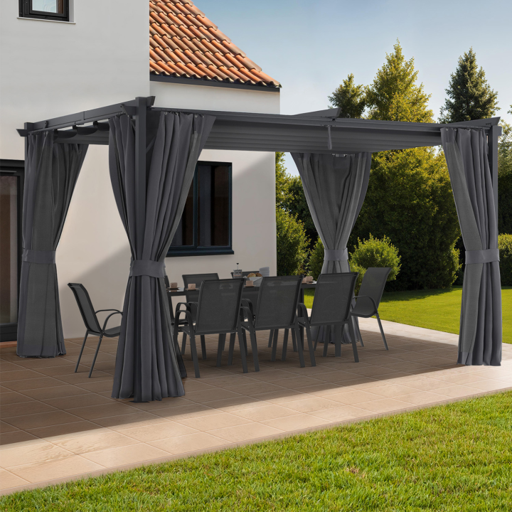 Insectenhor pergola met oprolbaar dak 3x4M en 4 grijze gordijnen