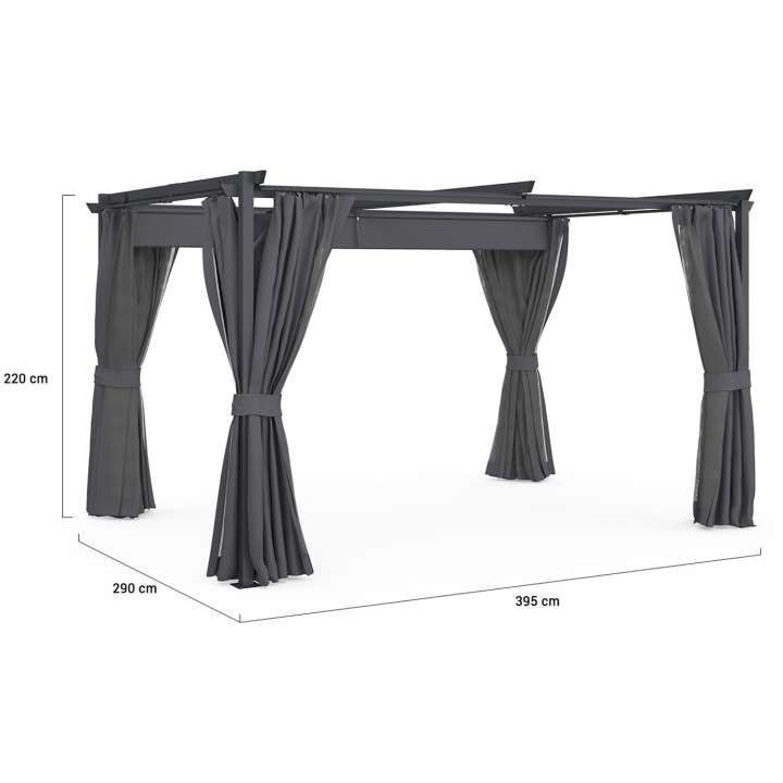 Insectenhor pergola met oprolbaar dak 3x4M en 4 grijze gordijnen