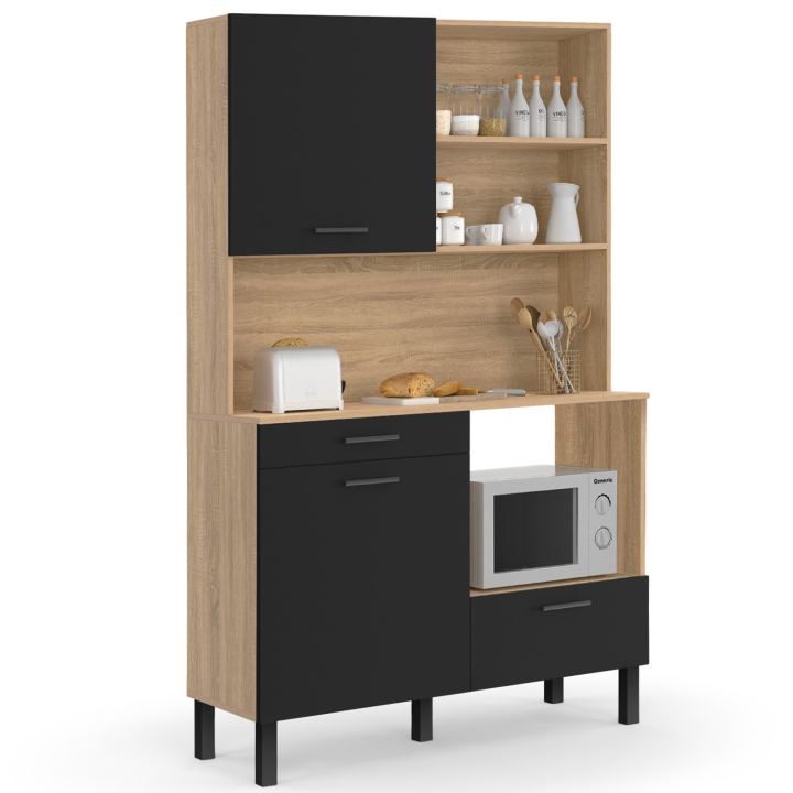 CINA 120 CM aparador de cocina con 3 puertas + 1 cajón, acabado haya y negro