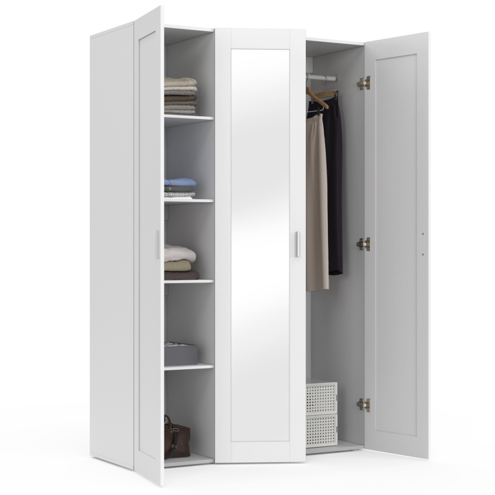 Armoire 3 portes VITO blanc penderie 120 cm avec miroir et étagères