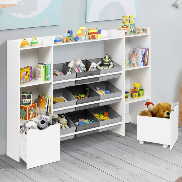 Mueble de almacenaje infantil MANA con 7 estantes, 6 cubos de tela y 2 cubos con ruedas, blanco