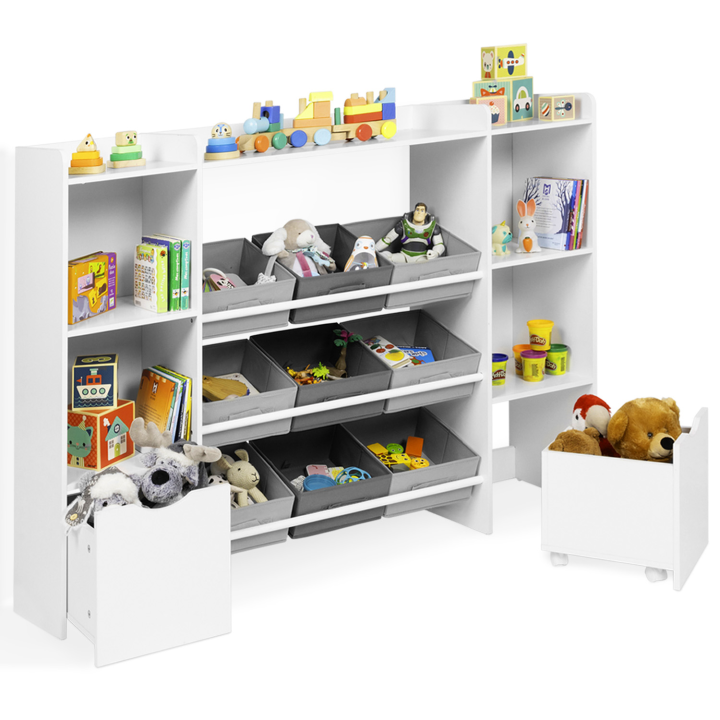 Mueble de almacenaje infantil MANA con 7 estantes, 6 cubos de tela y 2 cubos con ruedas, blanco